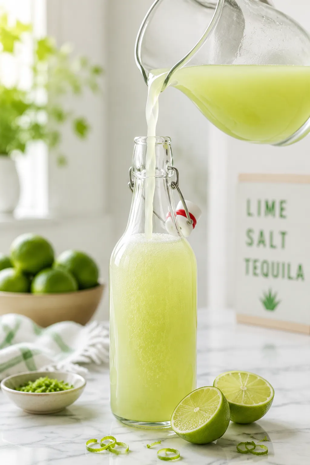 Pouring homemade margarita mix into a glass bottle for storage