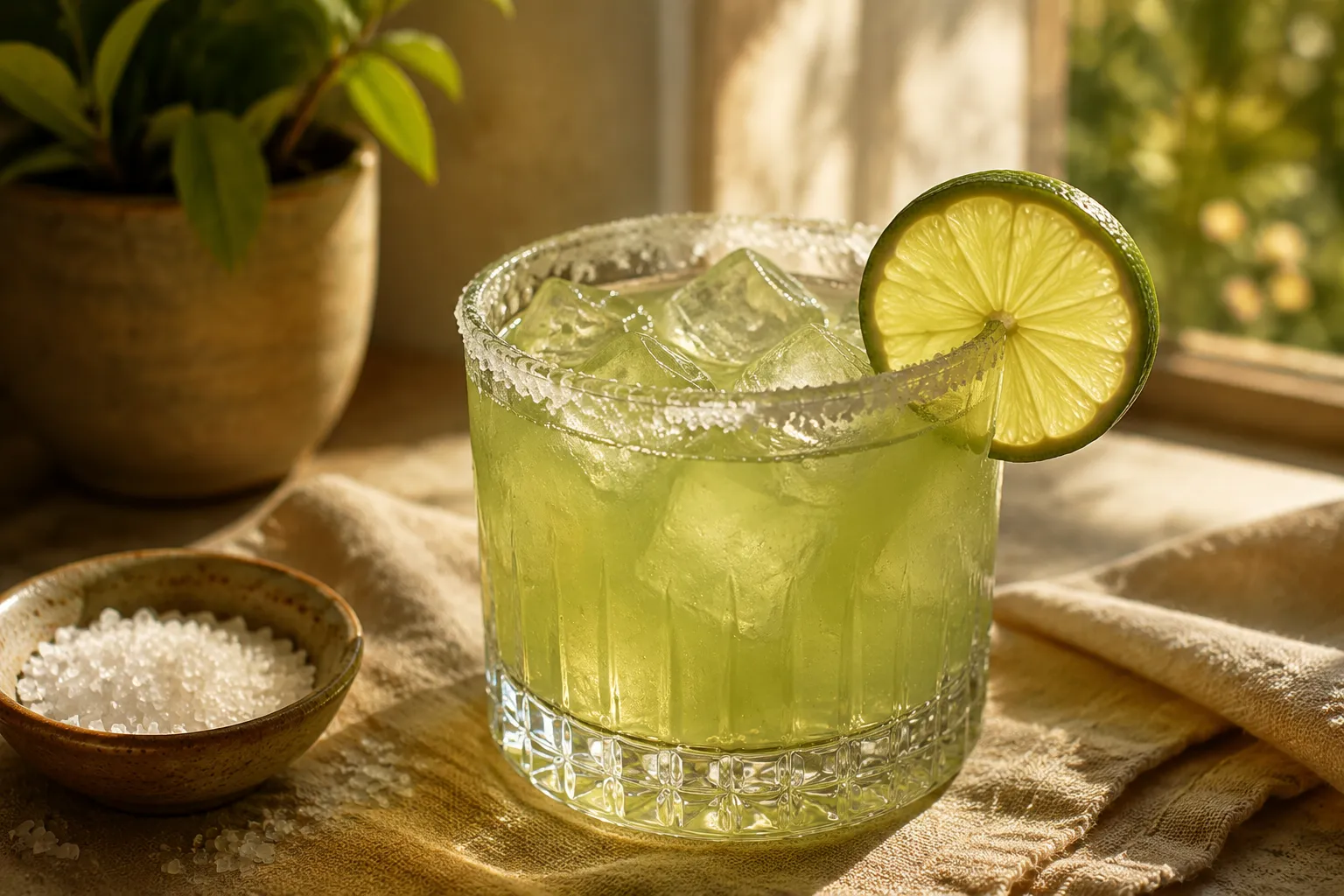 Classic margarita made with fresh margarita mix and salt rim