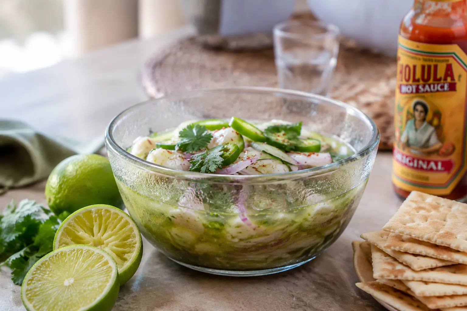 Chilled aguachile bowl with limes, hot sauce, and crackers for serving
