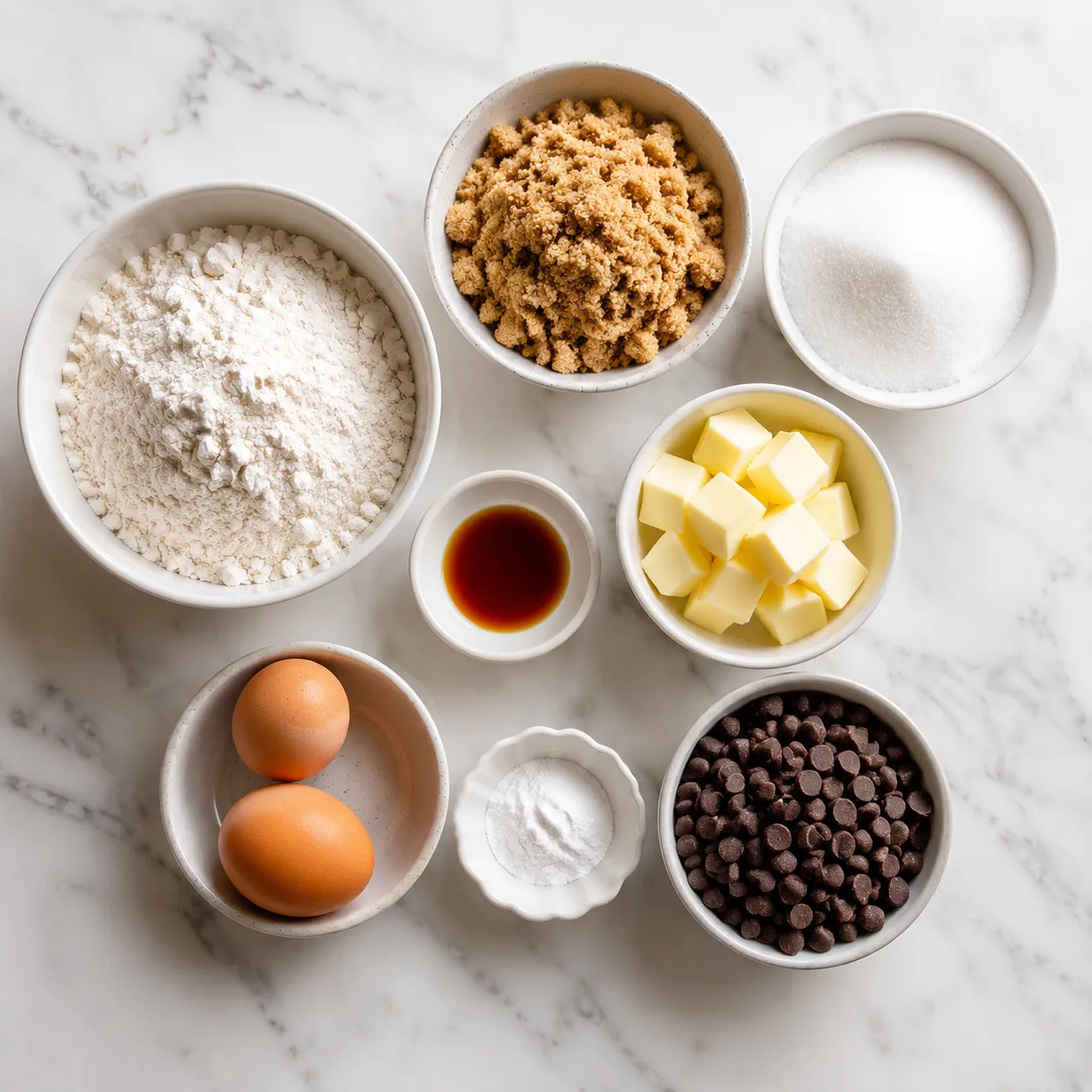Simple cookie recipe ingredients measured in bowls on marble