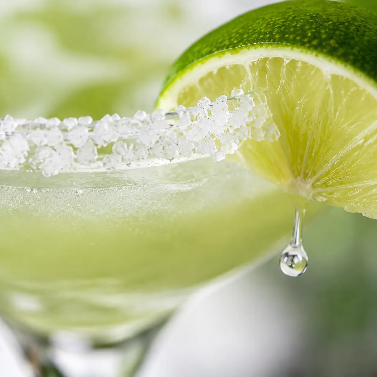 Macro close-up of salt rim on a margarita glass