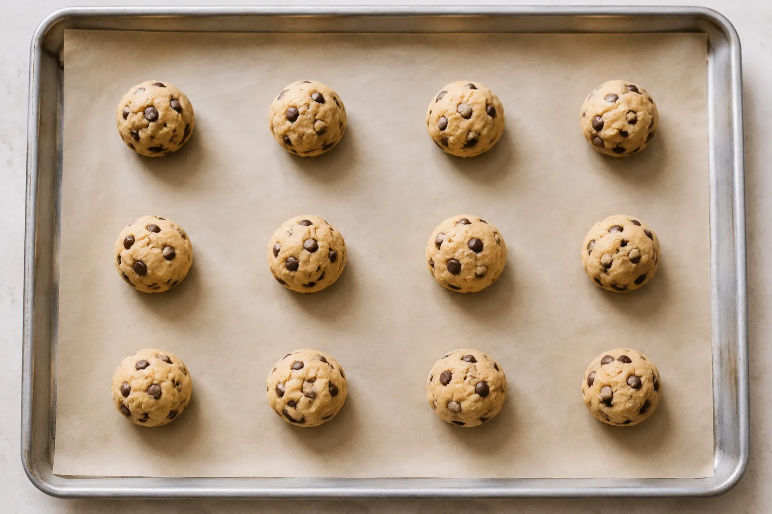 Scooped cookie dough balls on parchment ready to bake