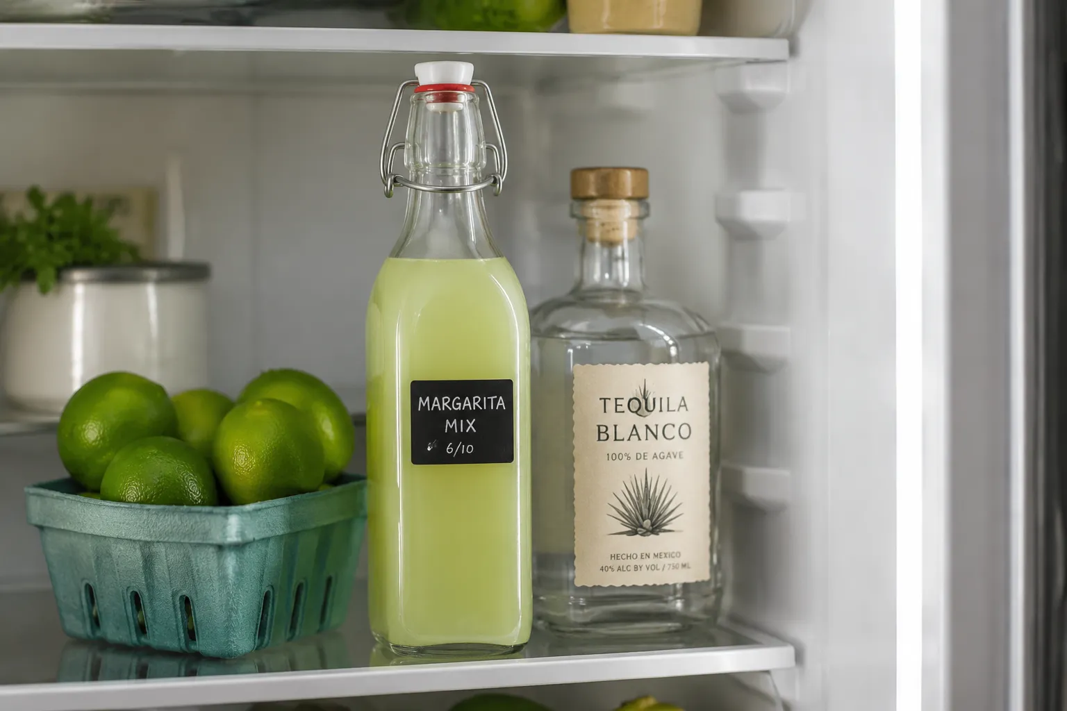 Storing homemade margarita mix in a glass bottle in the fridge