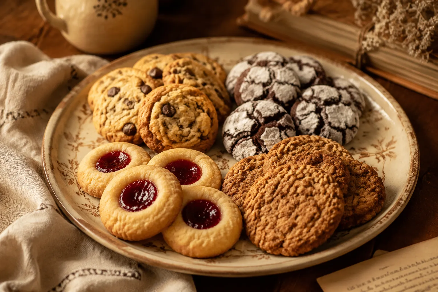 Top cookie recipes platter with chocolate chip, sugar, and peanut butter cookies