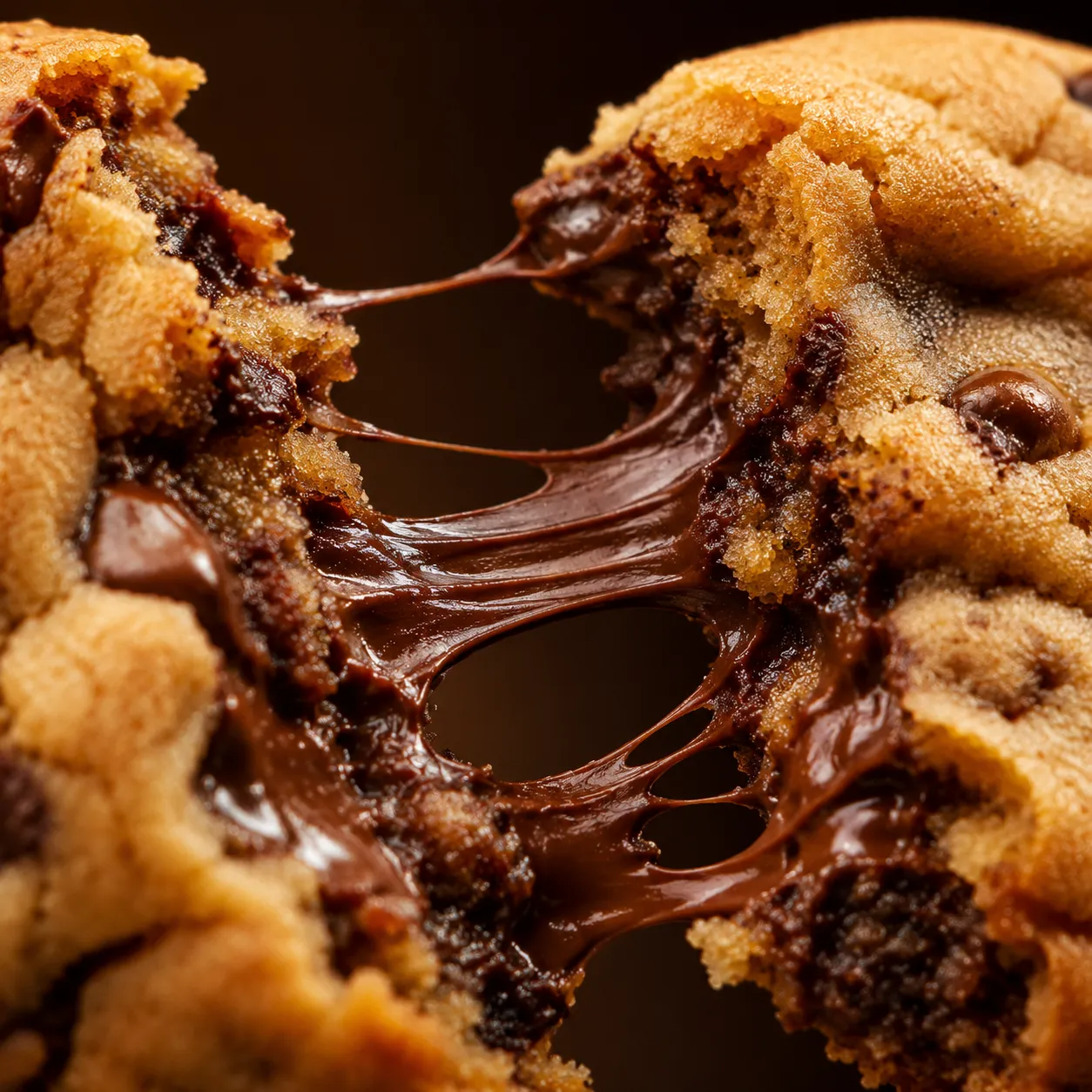 Close-up of gooey chocolate chip cookie pulled apart