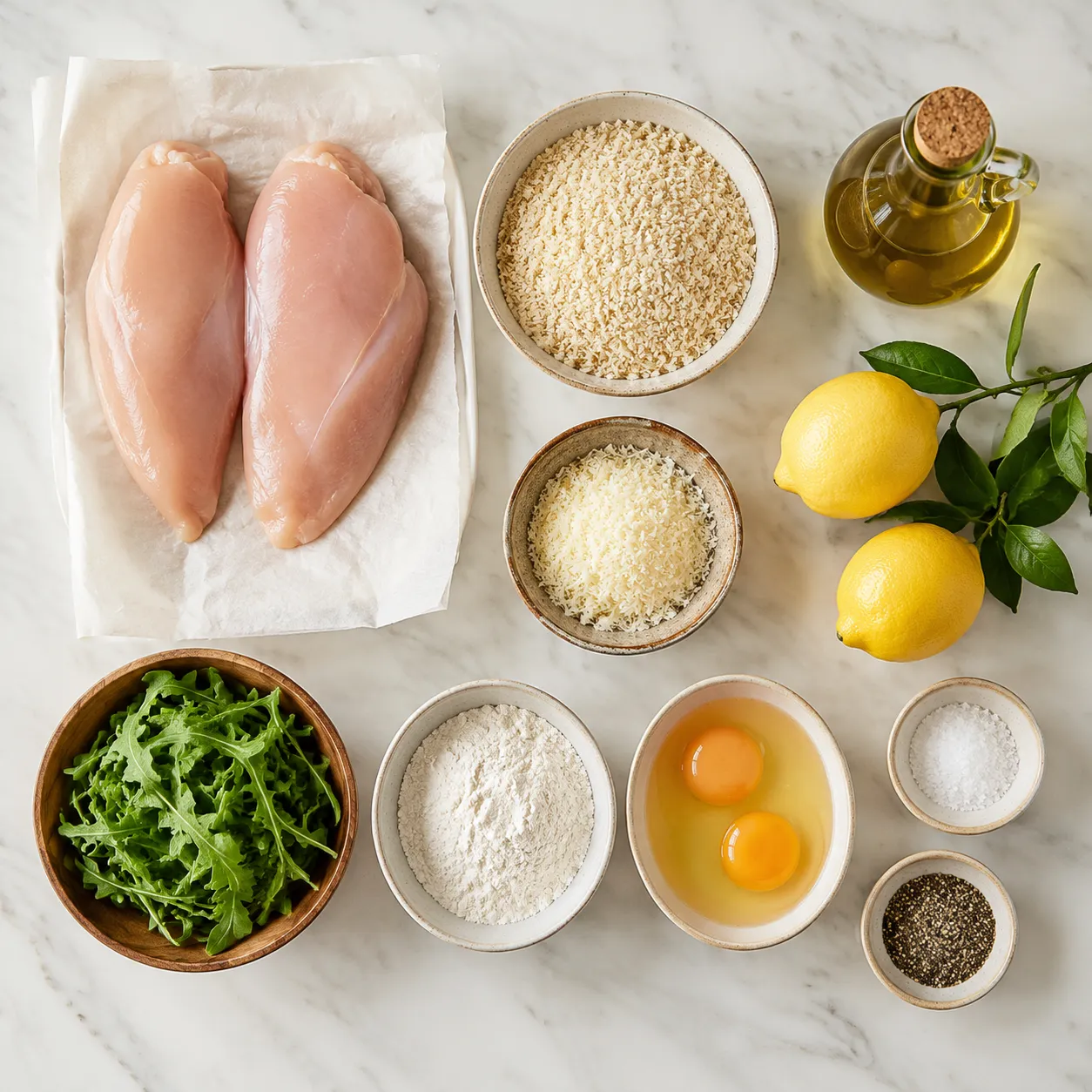 Chicken Milanese ingredients flatlay with panko, Parmesan, eggs, and arugula