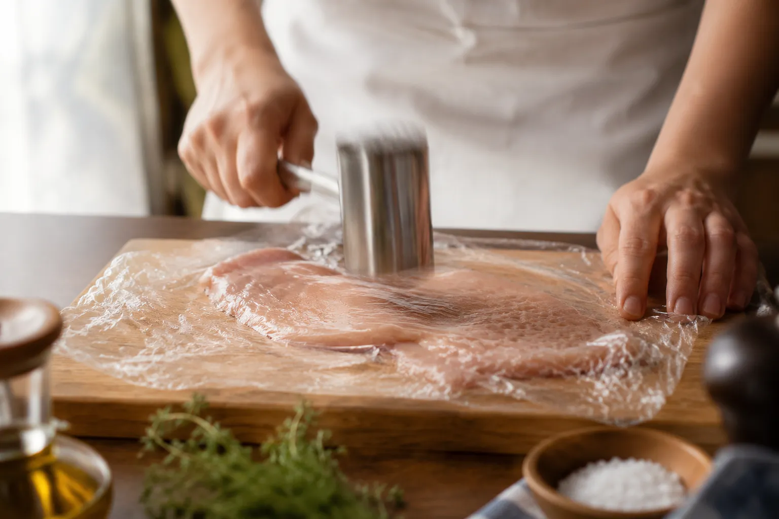 Pounding chicken cutlets thin for chicken Milanese