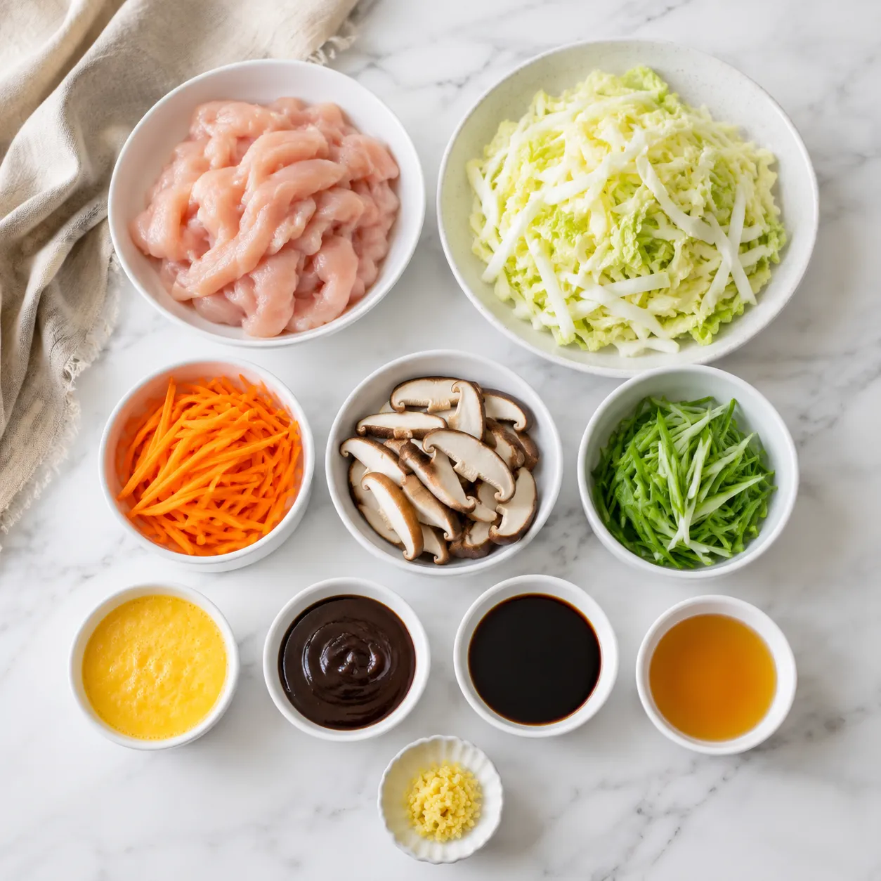 Moo shu chicken ingredients flatlay with cabbage, shiitakes, and hoisin