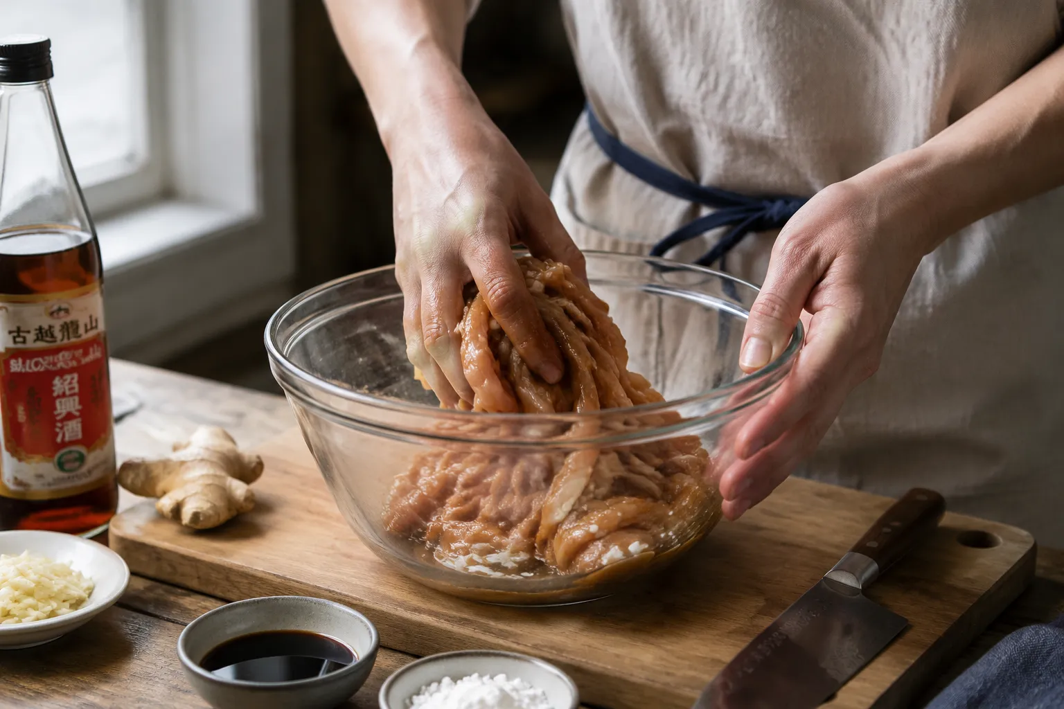 Marinating sliced chicken for moo shu chicken stir-fry