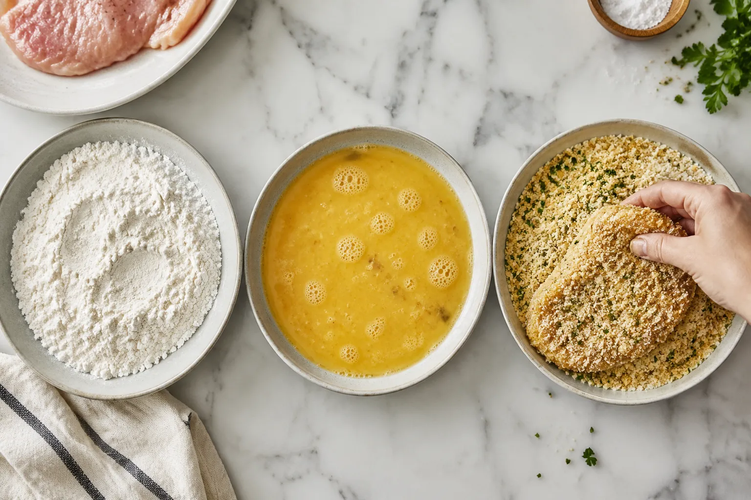 Breading chicken cutlets in panko and Parmesan for Milanese