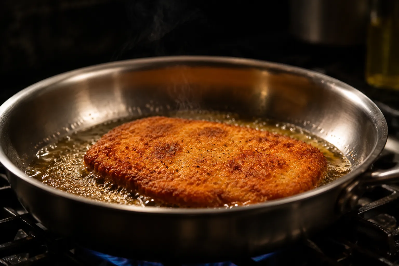 Pan-frying chicken Milanese cutlet in olive oil until golden