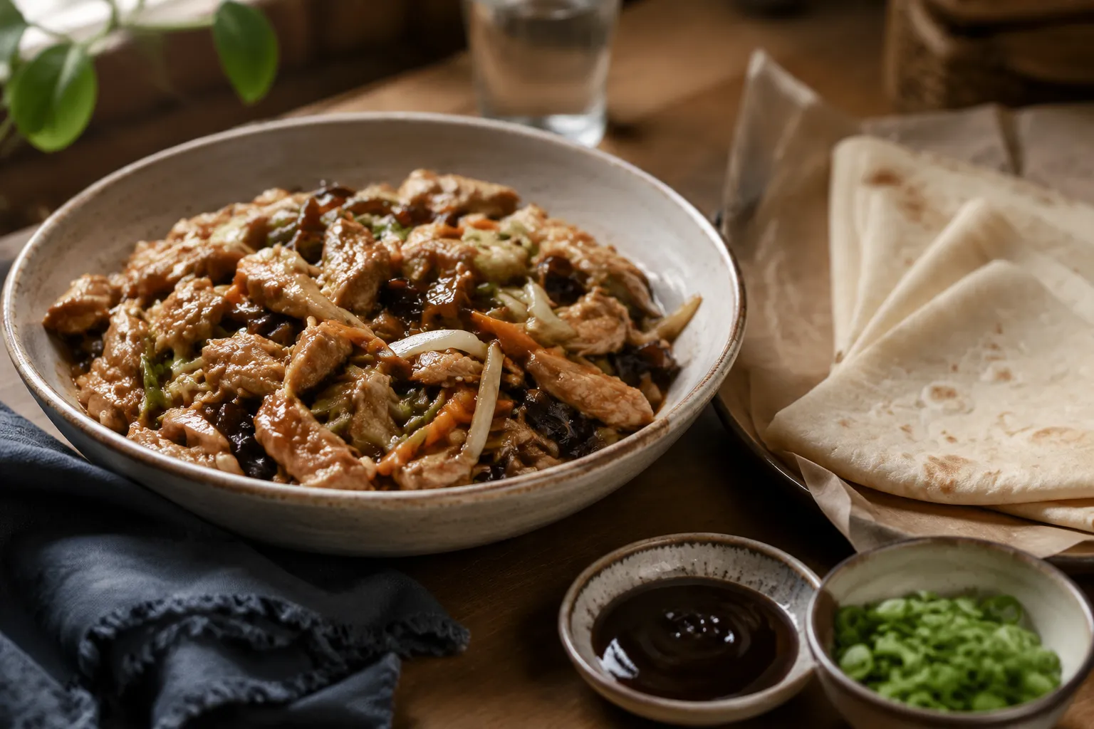 Finished moo shu chicken with a stack of warm Mandarin pancakes