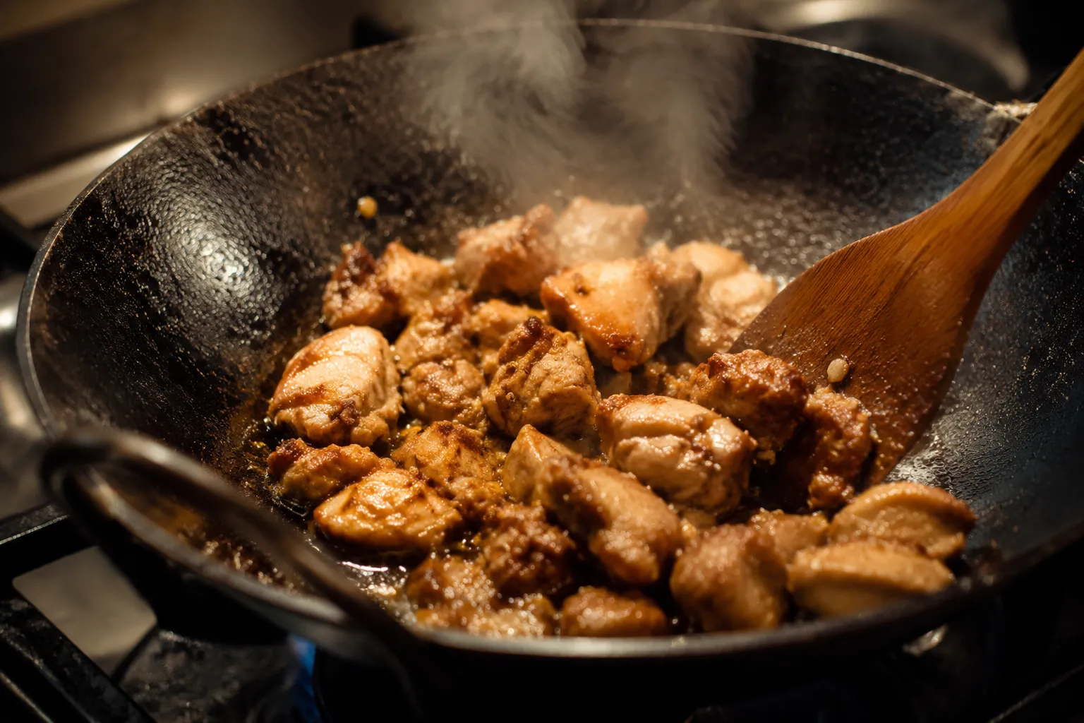 Searing marinated chicken in a skillet for moo shu