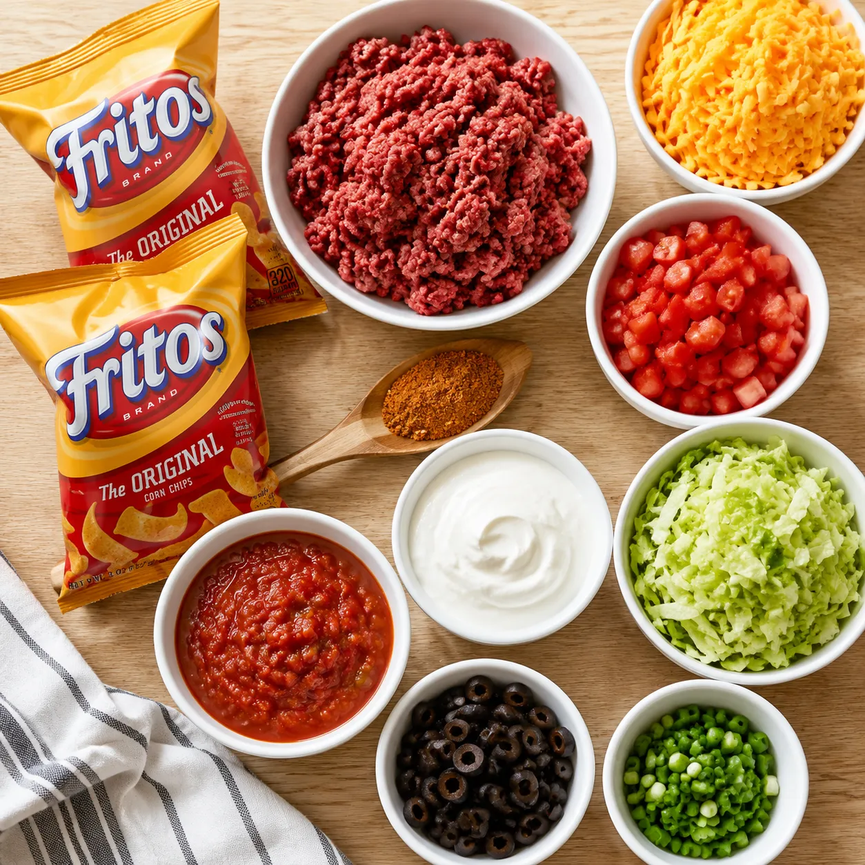 Walking tacos ingredients flatlay with Fritos, ground beef, cheese, and toppings