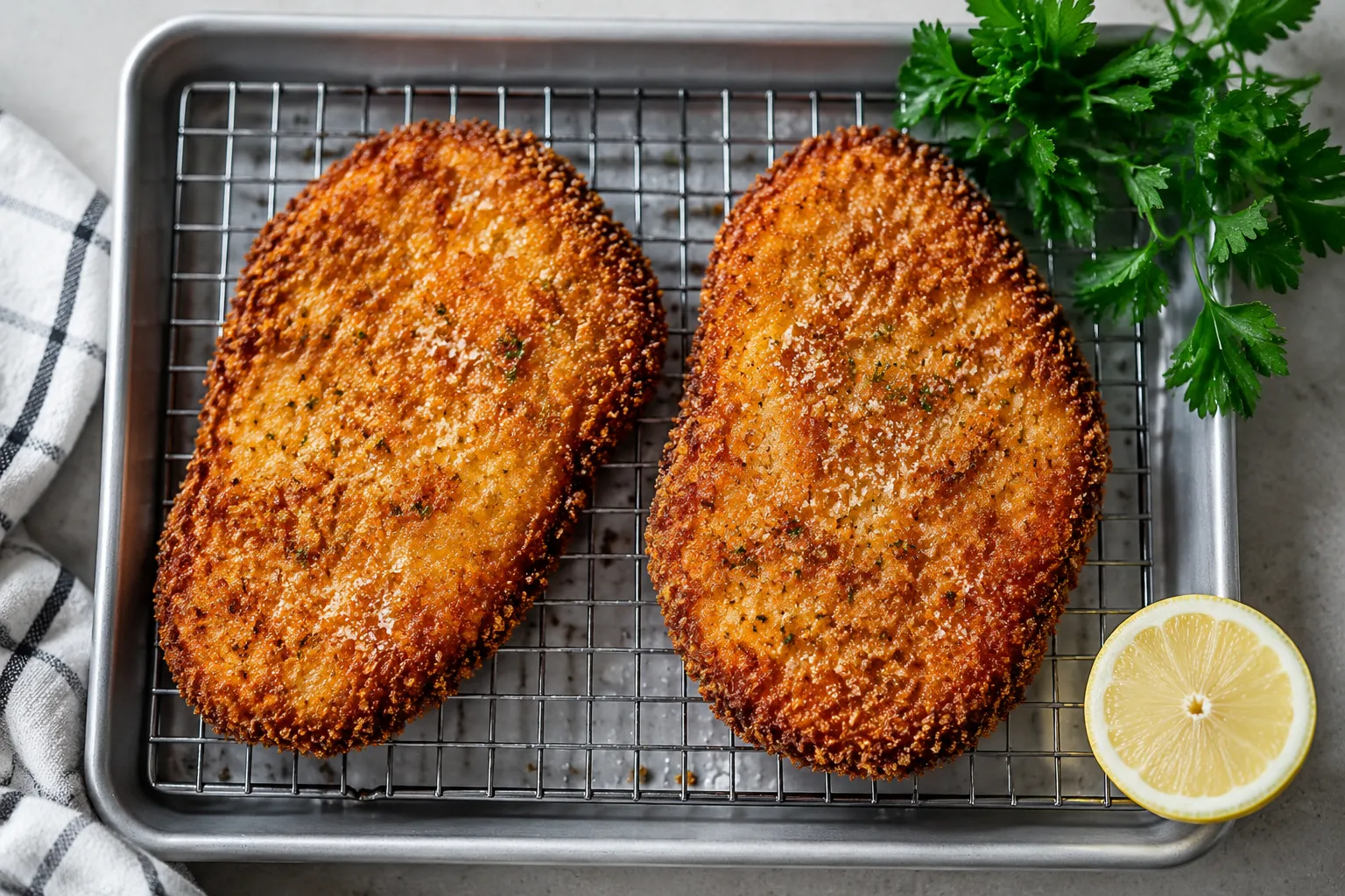 Crispy chicken Milanese cutlets resting on a wire rack