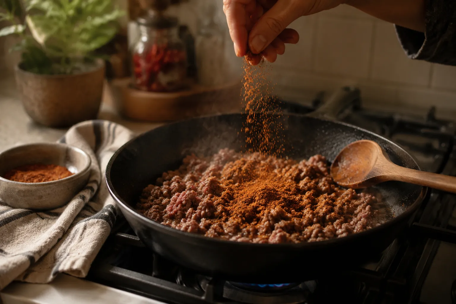 Browning seasoned ground beef for walking tacos in a cast iron skillet