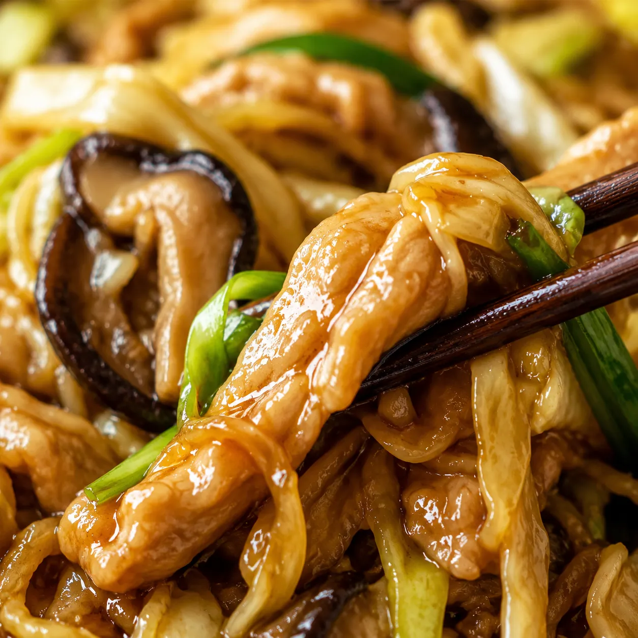 Close-up macro of glossy moo shu chicken filling with shiitakes