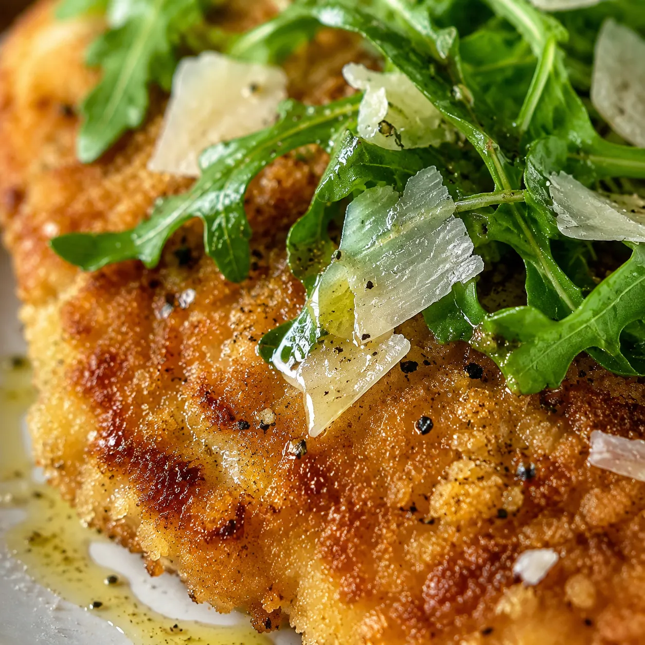 Close-up of crispy chicken Milanese crust with arugula and Parmesan