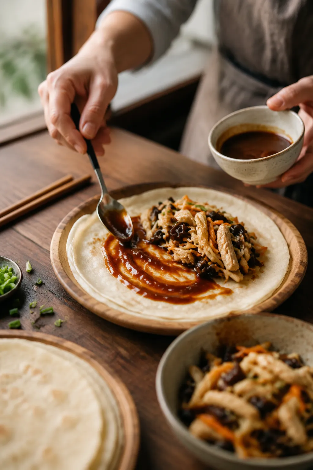 Assembling a moo shu chicken pancake with hoisin sauce