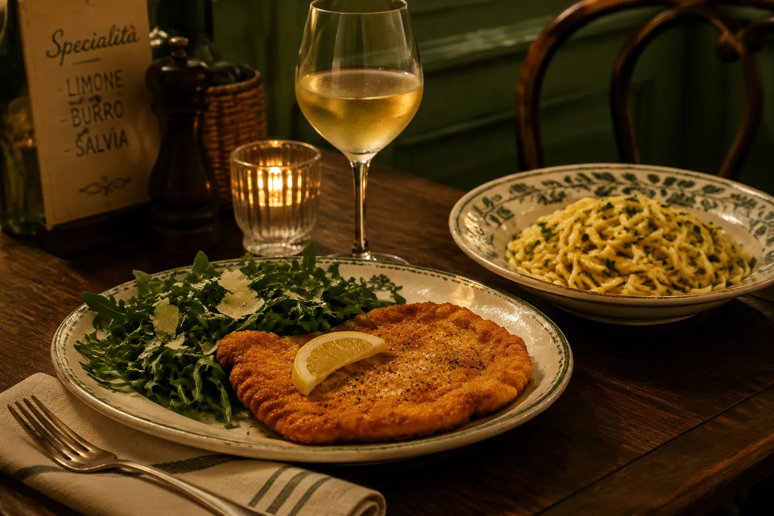 Chicken Milanese served with arugula salad and spaghetti