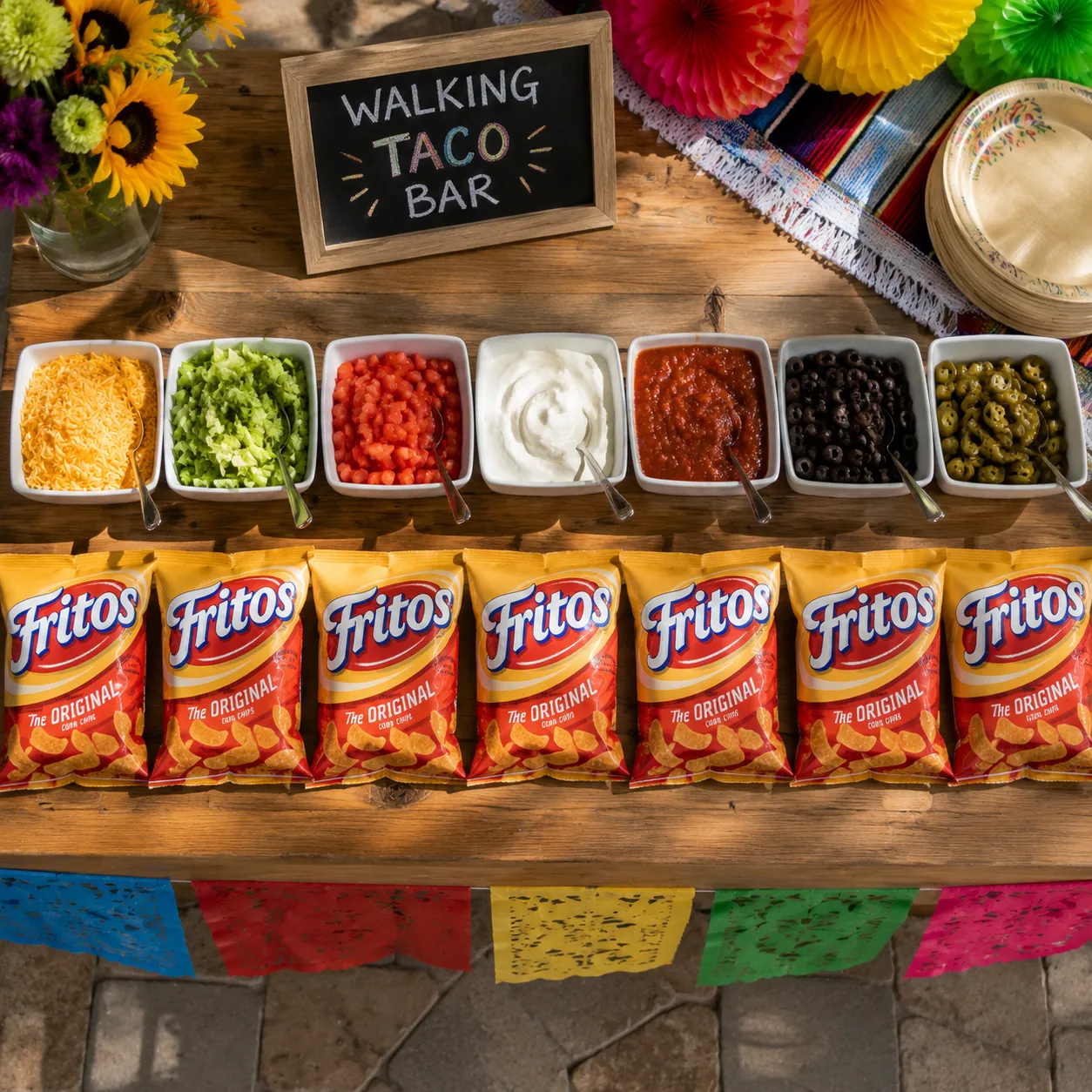 Walking taco bar setup with topping bowls and Frito bags lined up