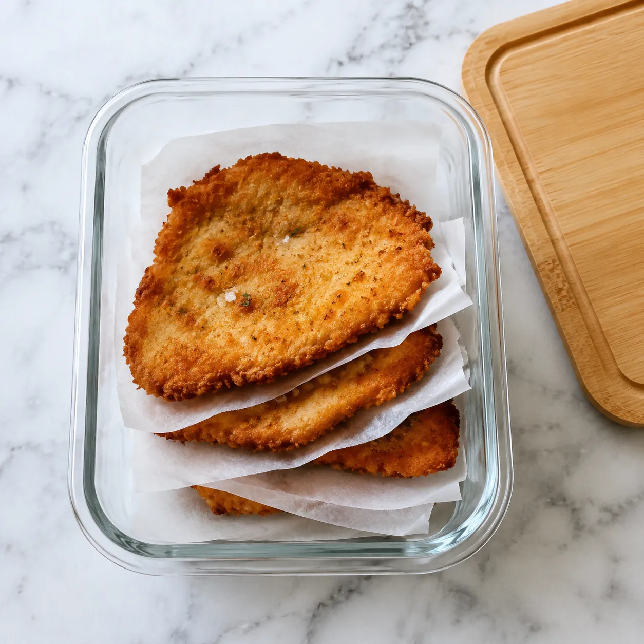 Storing leftover chicken Milanese in a glass container