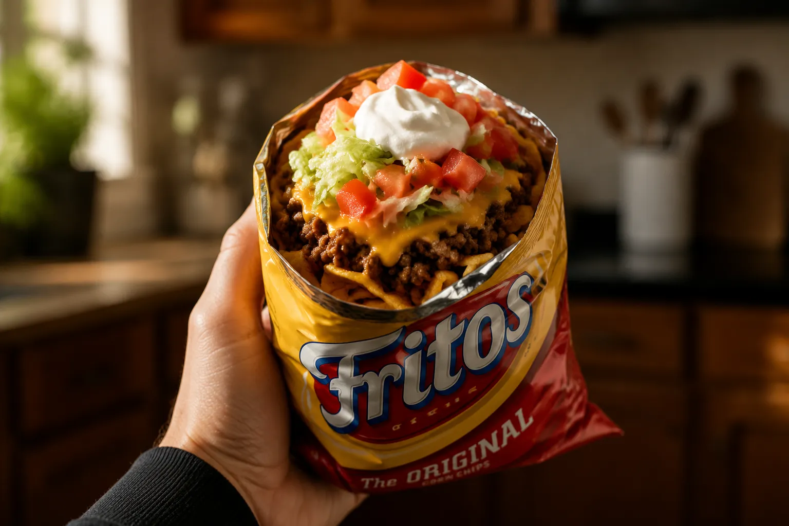 Finished walking taco held up showing layered beef, cheese, and toppings