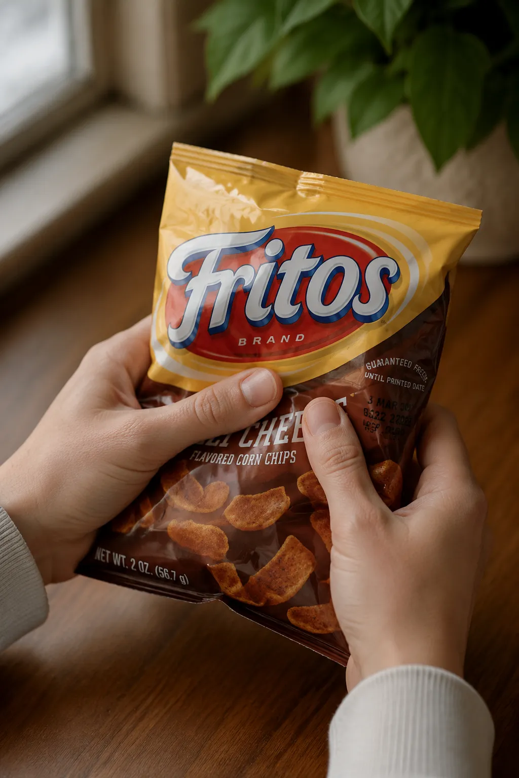 Crushing a Frito bag before assembling walking tacos