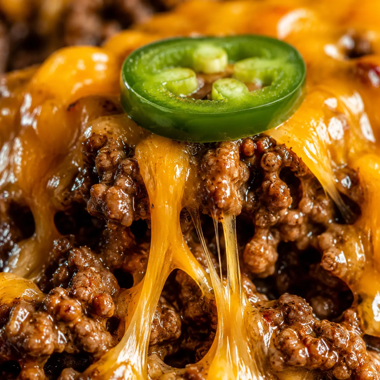 Macro close-up of melted cheese and seasoned beef in walking tacos