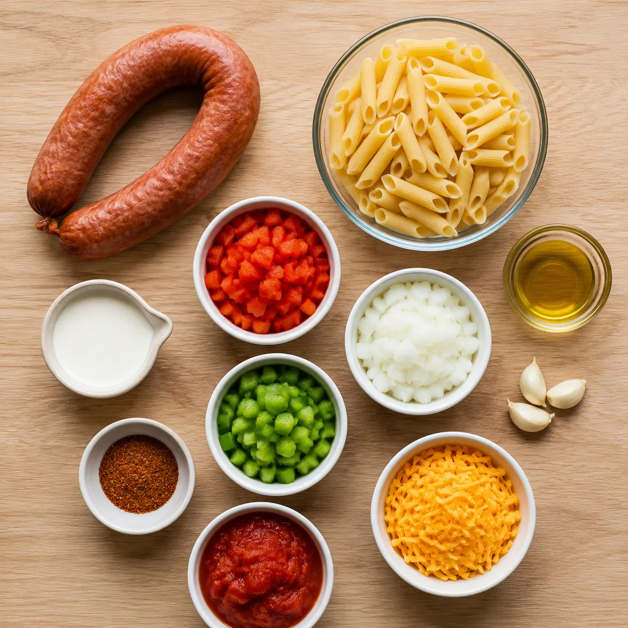 Ingredients flatlay for easy kielbasa pasta recipe with smoked sausage and penne