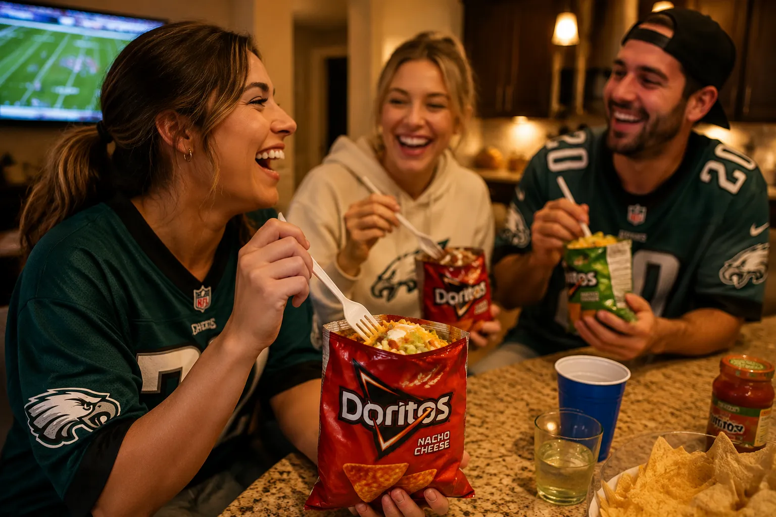 Friends enjoying walking tacos at a casual game day party