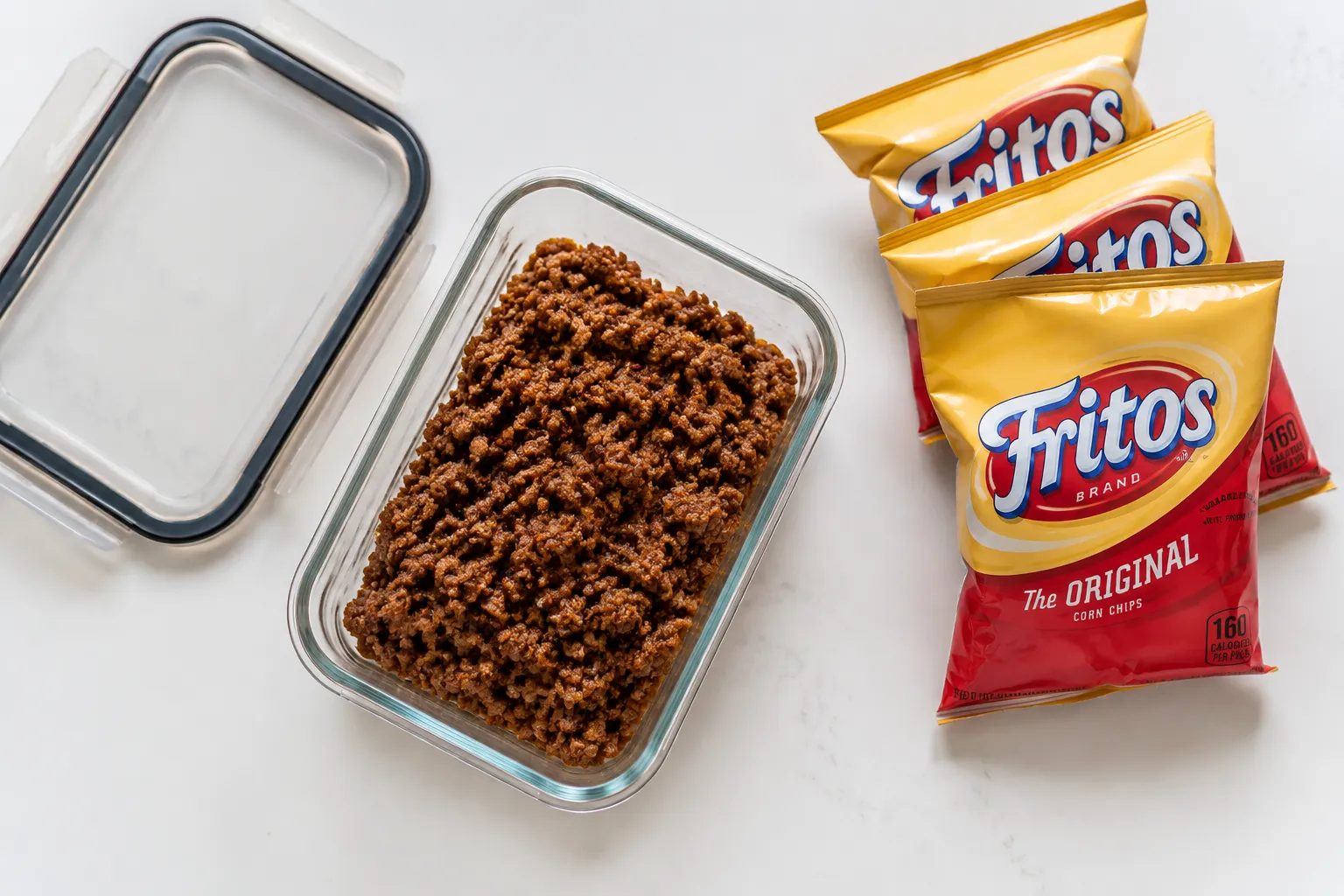 Storing leftover walking taco meat in a glass container with Frito bags