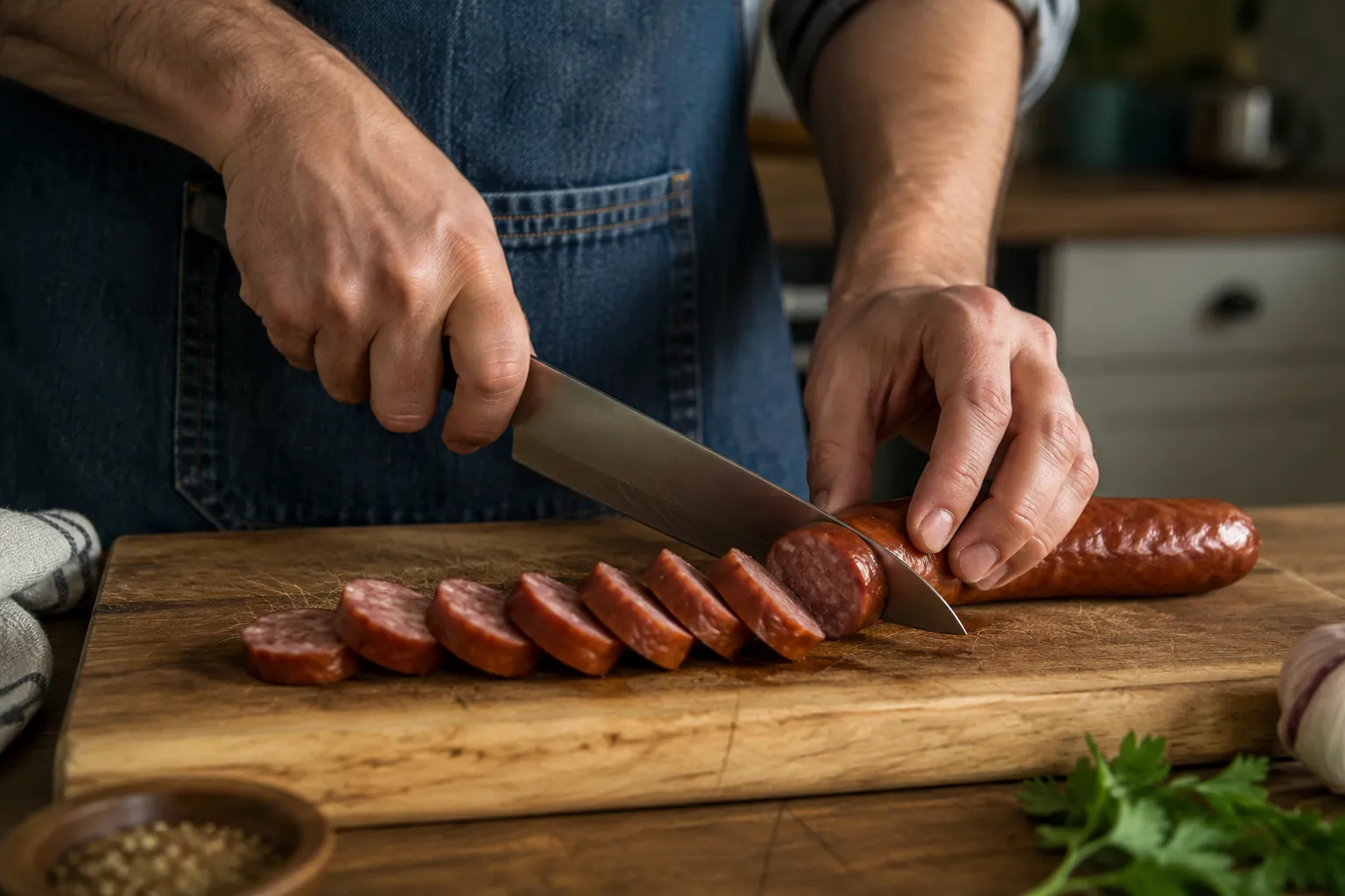 Slicing kielbasa into coins for an easy skillet sausage recipe