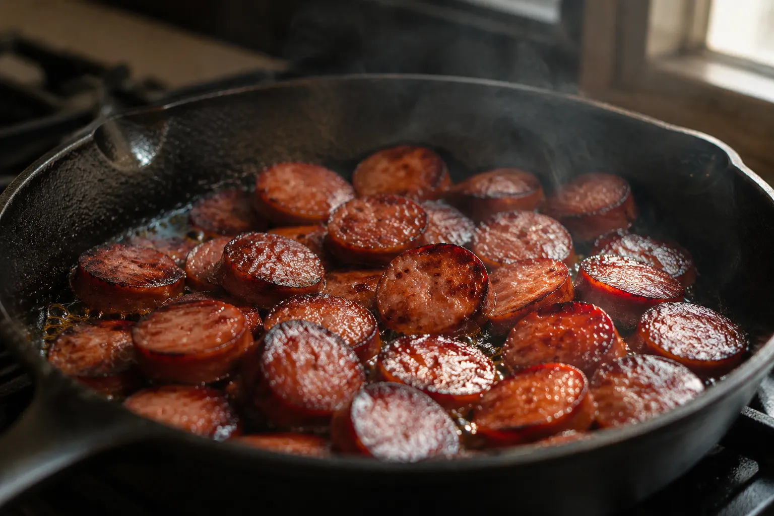 Searing kielbasa coins in cast-iron skillet for one-pot sausage pasta