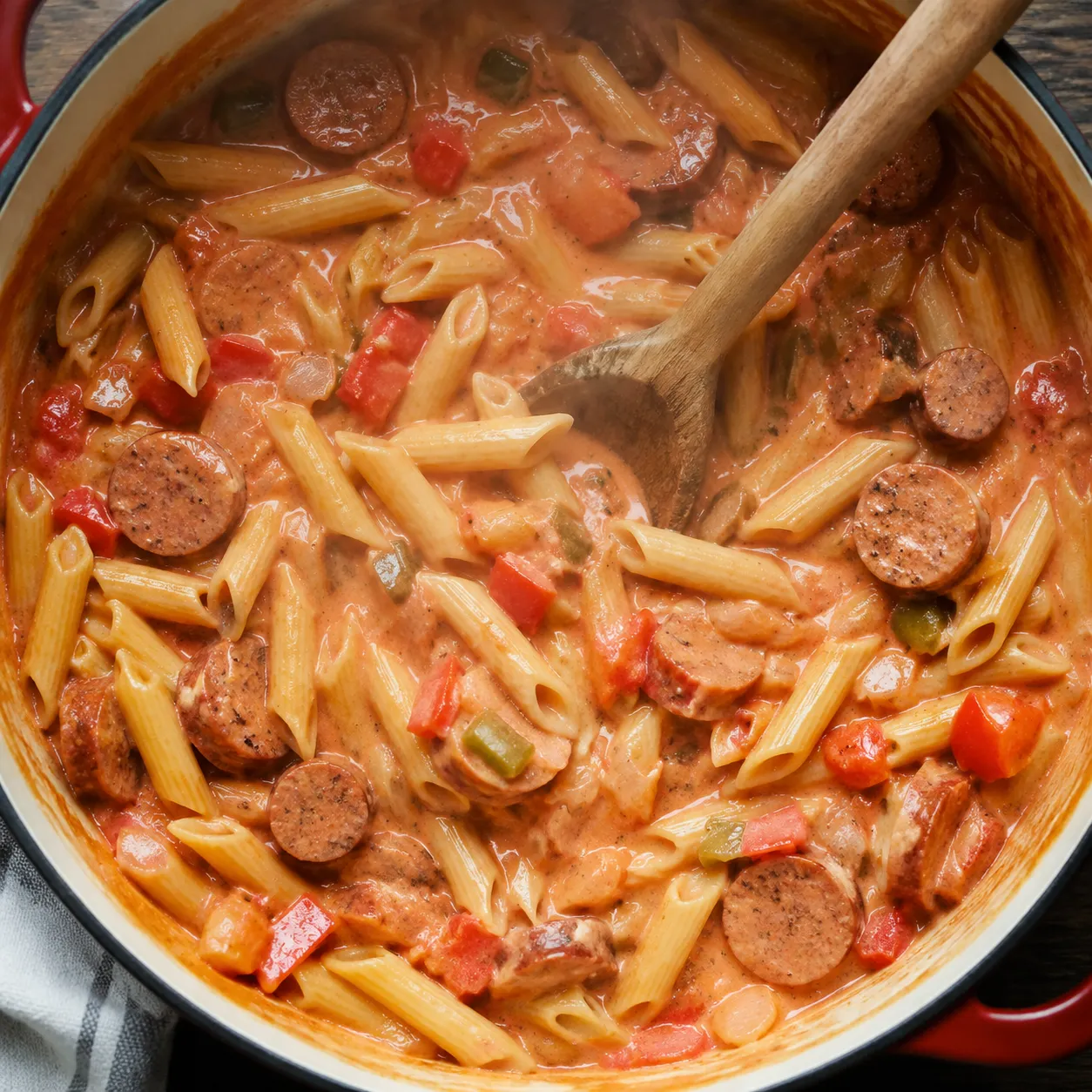 Stirring creamy tomato sauce into kielbasa and pasta in a skillet