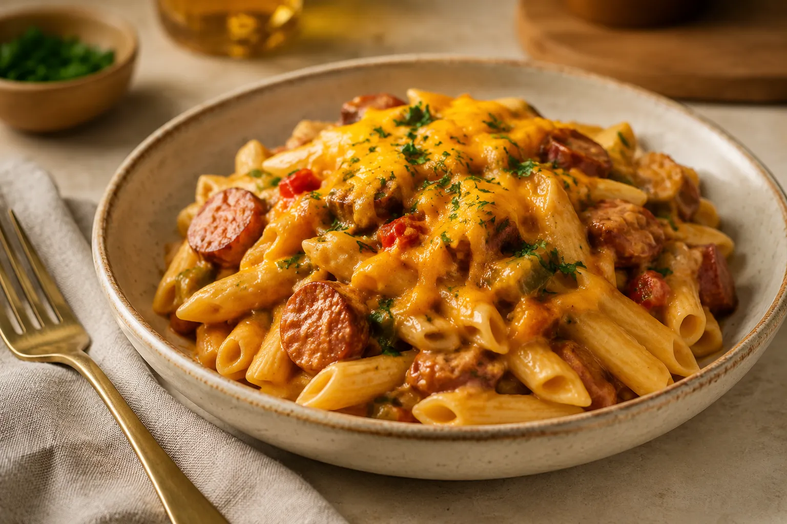 Finished creamy kielbasa pasta recipe served in a ceramic bowl