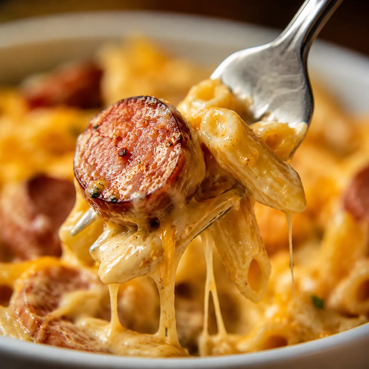 Close-up of a forkful of kielbasa pasta with melted cheese