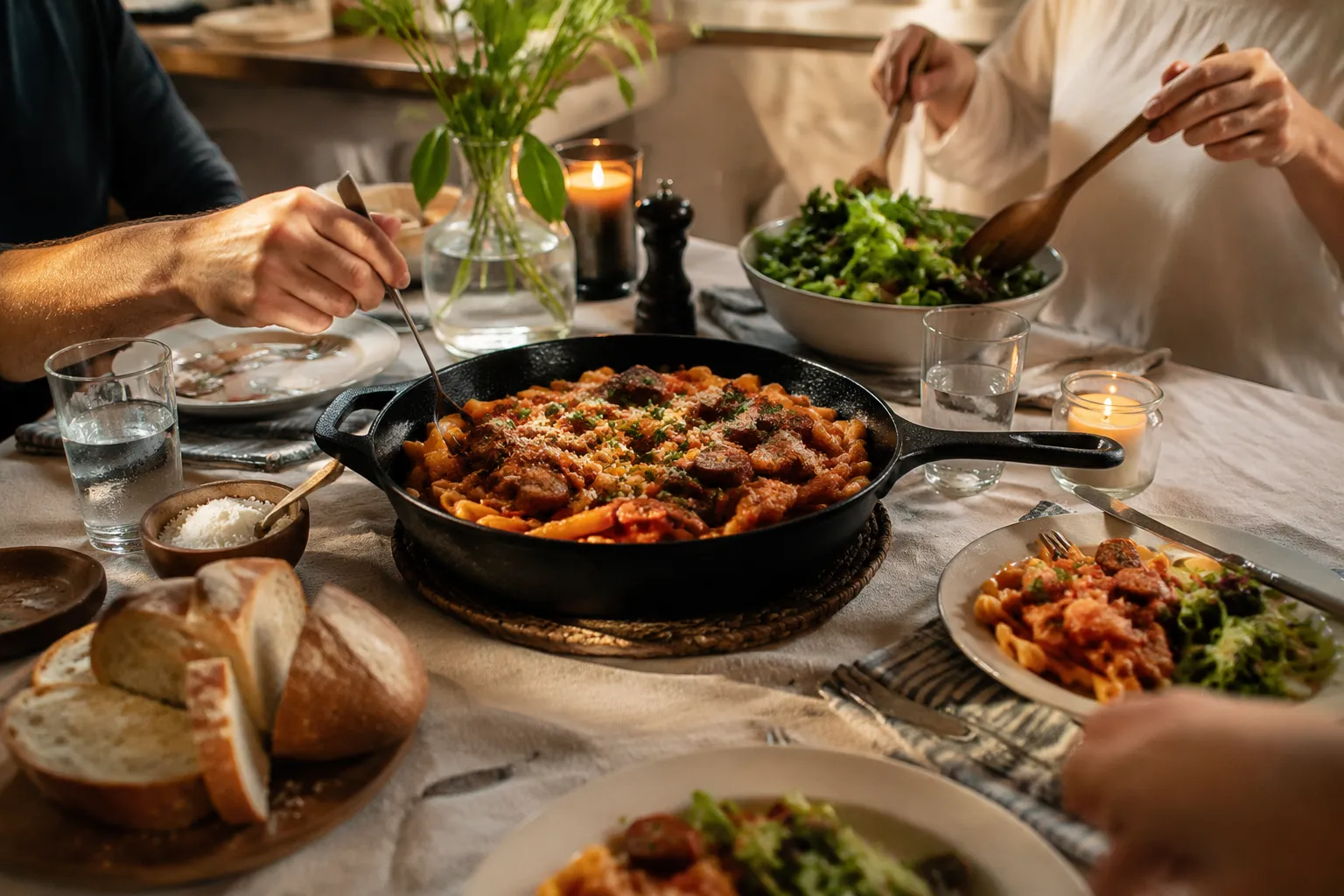 Kielbasa pasta recipe served family-style for an easy weeknight dinner