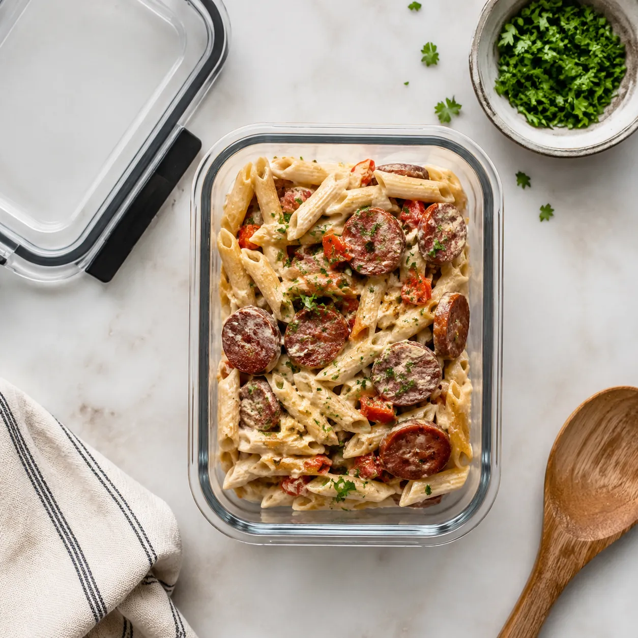 Storing leftover kielbasa pasta in a glass meal-prep container
