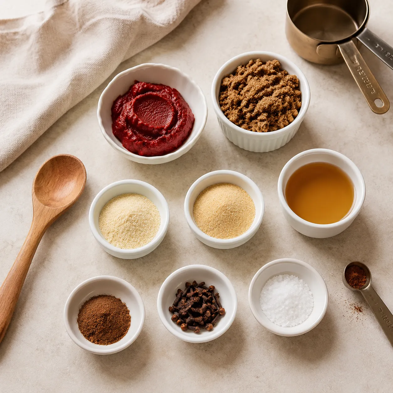 Ketsjup ingredients flatlay with tomato paste, brown sugar, vinegar, and warm spices
