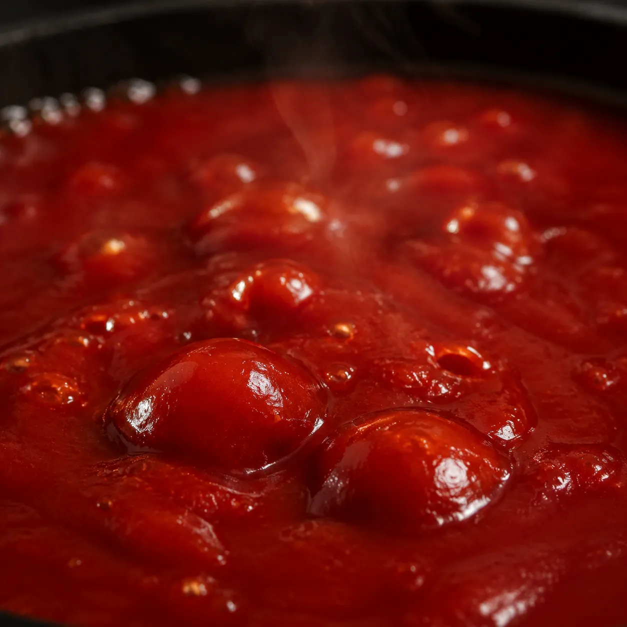 Close-up of homemade ketsjup simmering with glossy bubbling surface