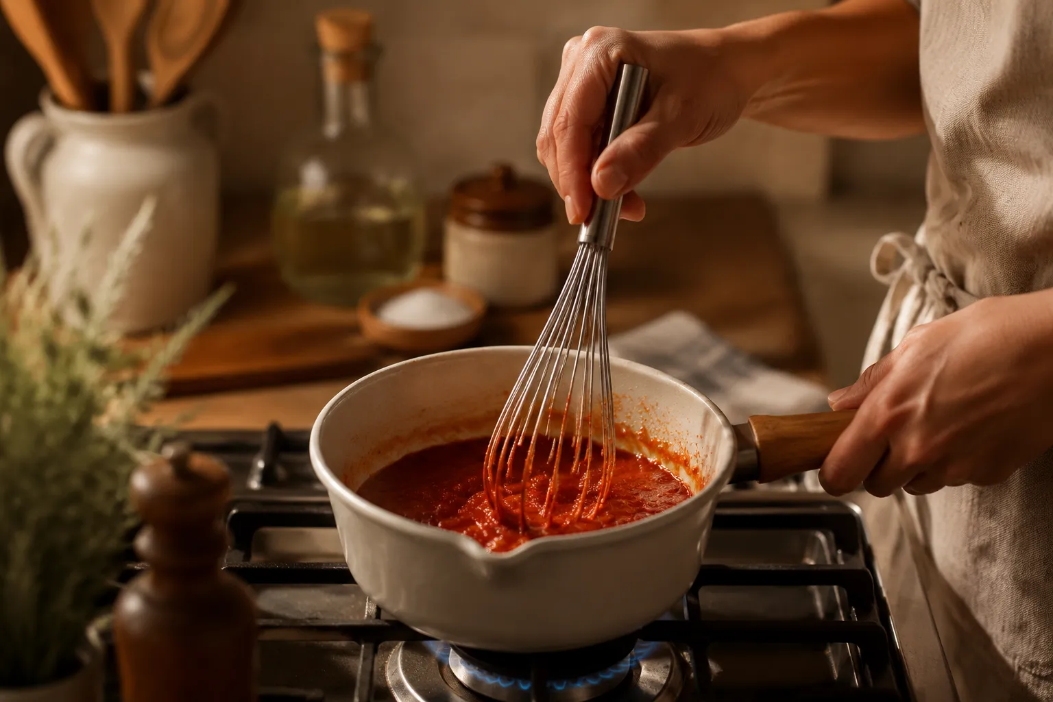 Whisking tomato paste and vinegar in a saucepan to start homemade ketsjup