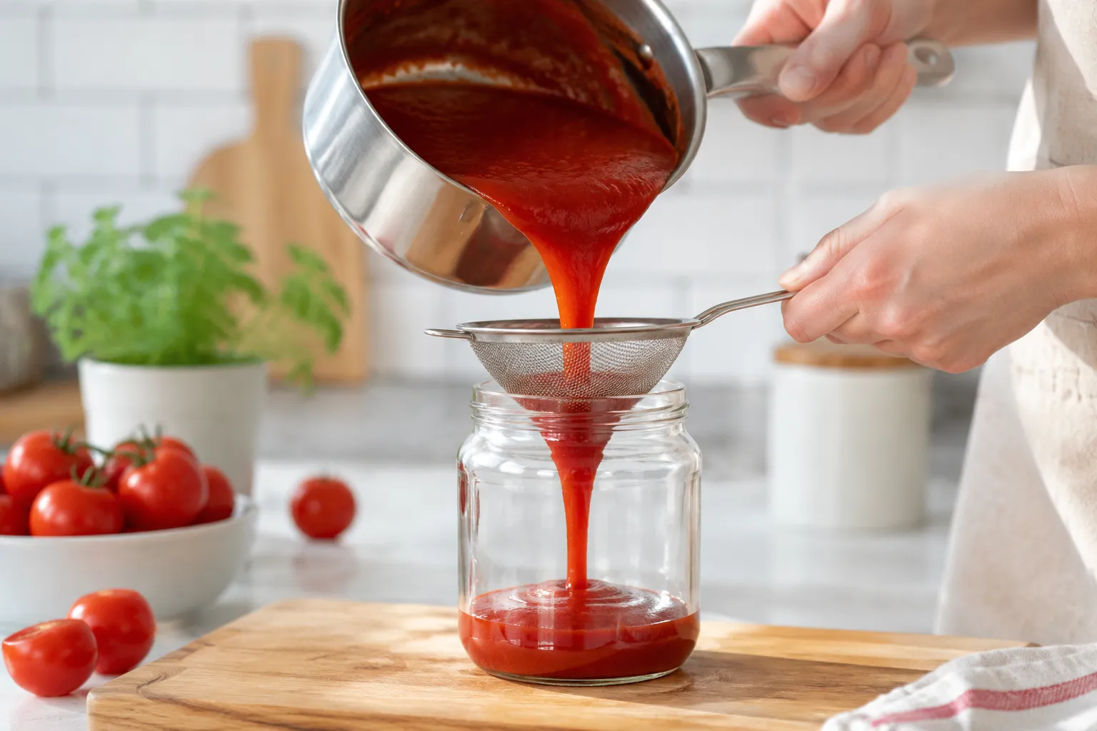 Pouring homemade ketsjup through a strainer into a glass jar