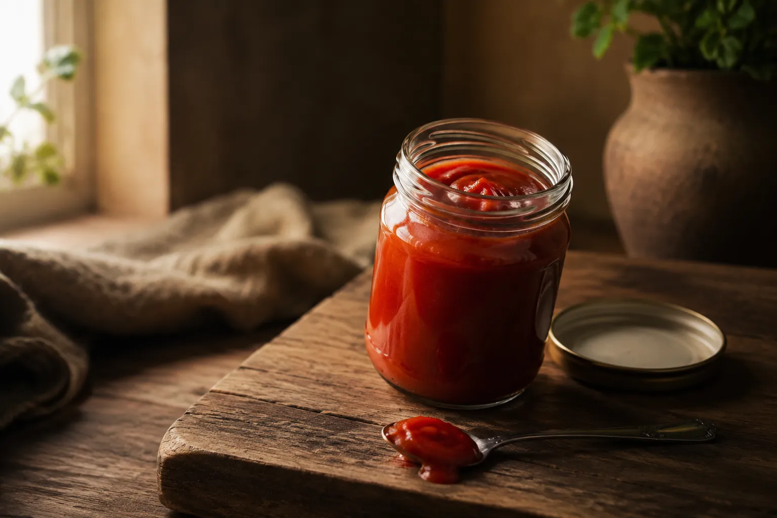 Finished jar of homemade ketsjup recipe with a spoon on a wood board