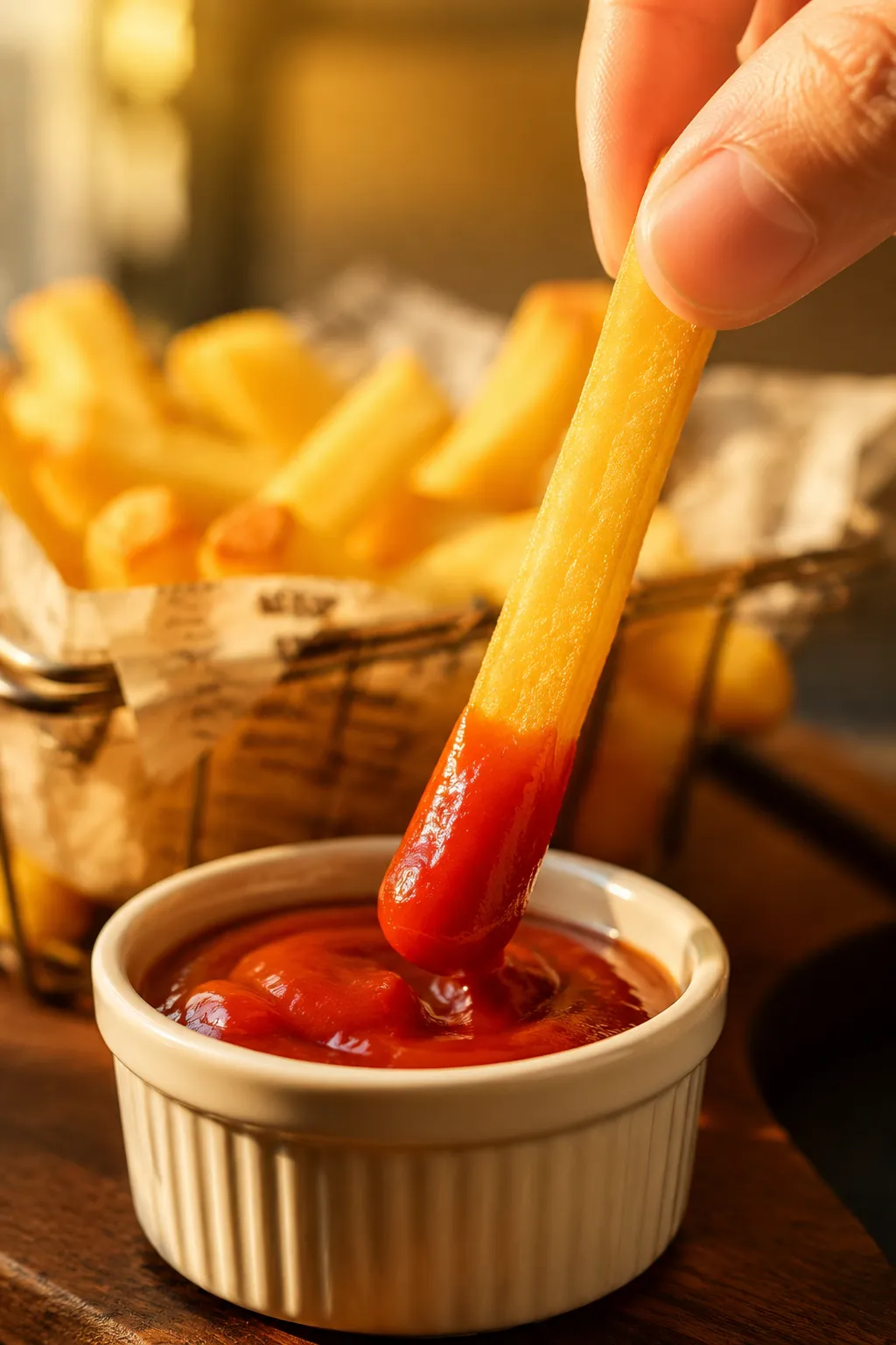 Dipping a crispy fry into homemade ketsjup recipe in a ramekin
