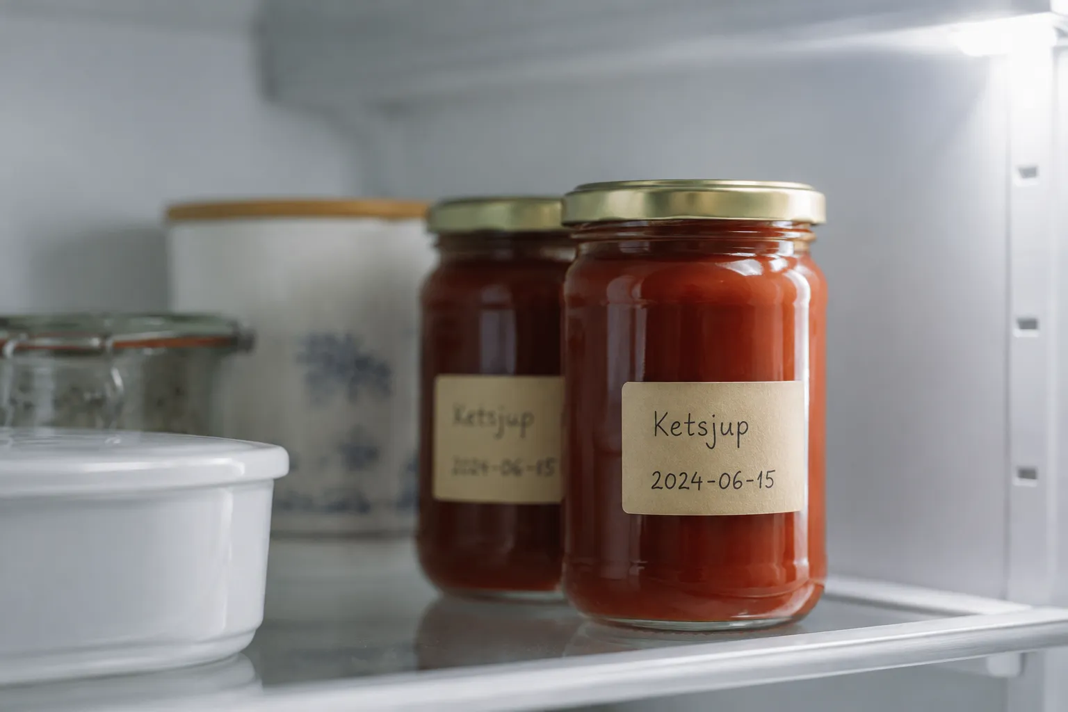 Jars of homemade ketsjup with date labels stored for refrigerator keeping