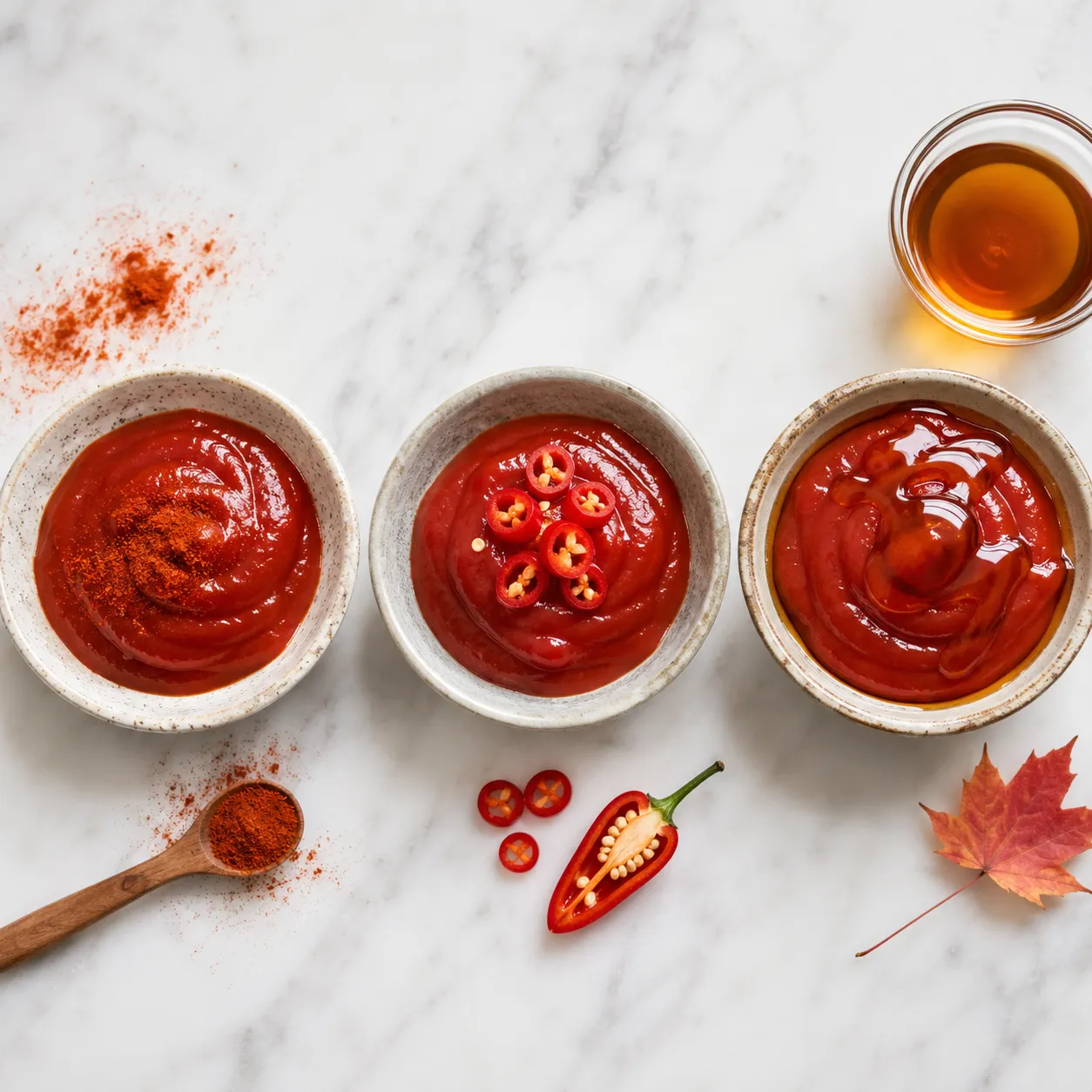 Three ketsjup variations: smoky, spicy, and maple-sweetened homemade ketchup