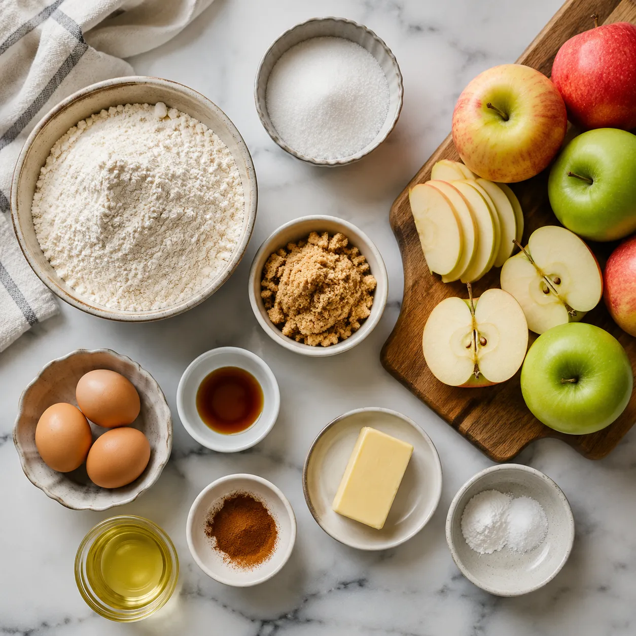 Apple cake ingredients flatlay with fresh apples and pantry staples