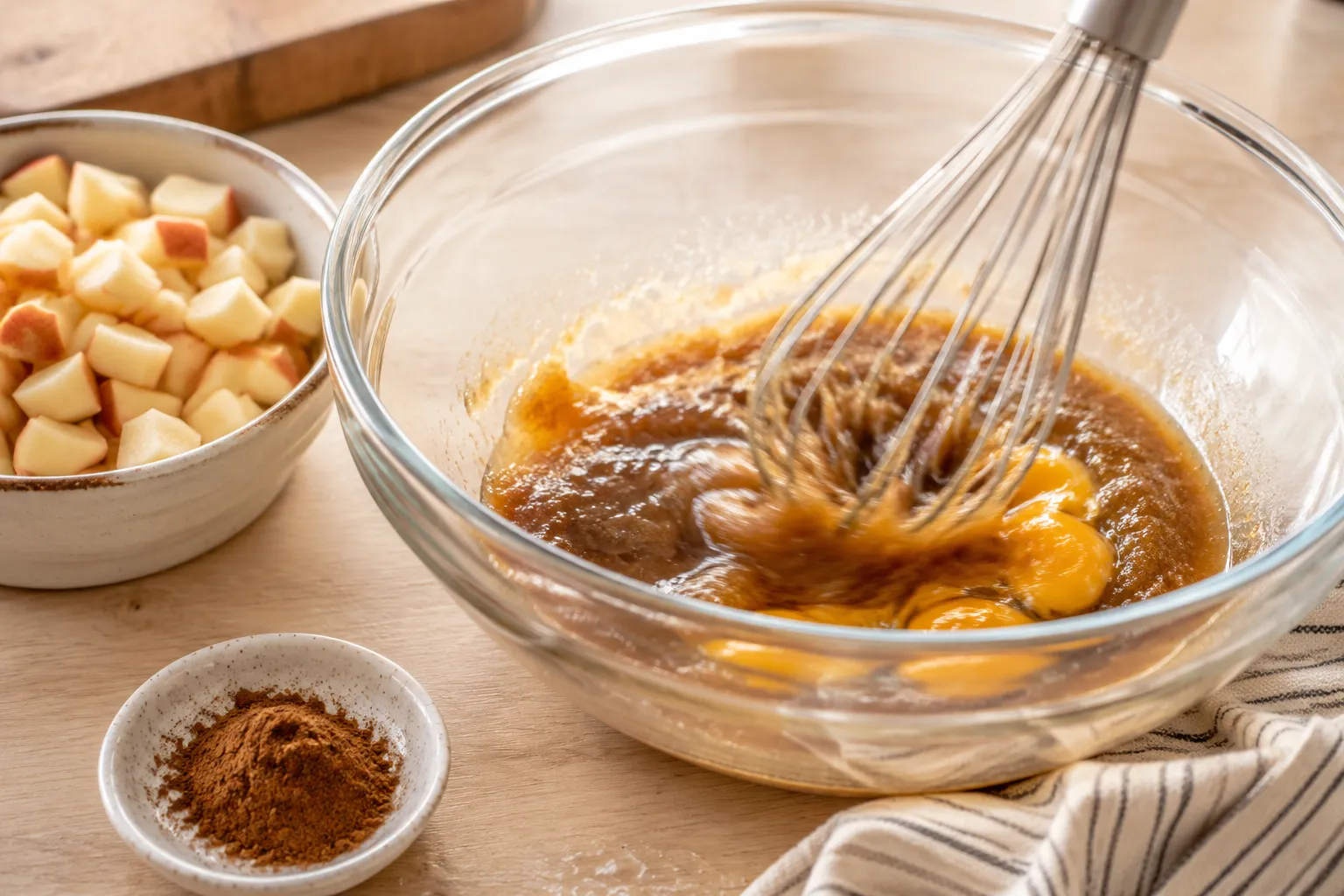 Mixing wet ingredients for moist apple cake batter