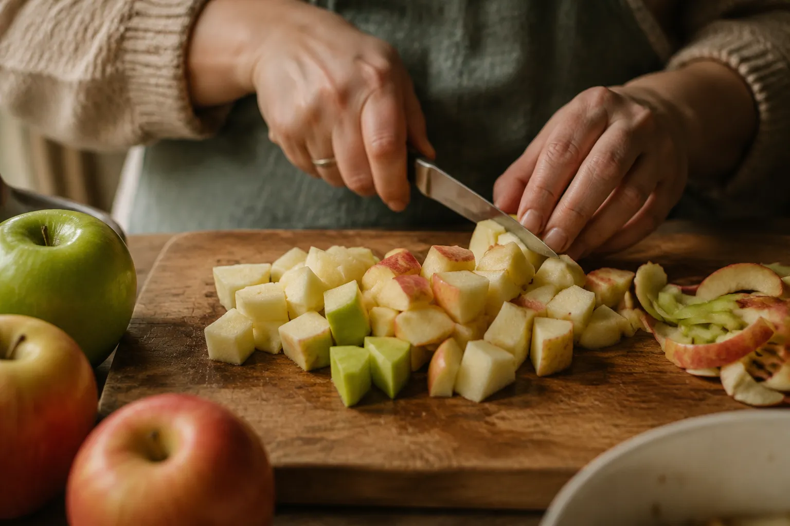 Dicing fresh apples for apple cake recipe